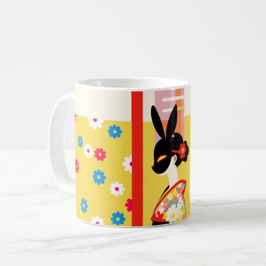 Japanese Rabbit Mask – Retro Floral Mug Kaffeetasse (Vorderseite Links)