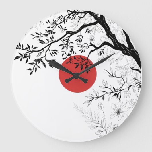 Japanese Red Sun & Brush Tree Art Große Wanduhr (Vorderseite)