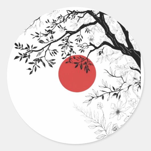 Japanese Red Sun & Brush Tree Art Runder Aufkleber (Vorderseite)
