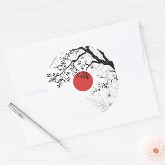 Japanese Red Sun & Brush Tree Art Runder Aufkleber (Umschlag)