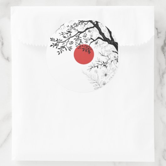 Japanese Red Sun & Brush Tree Art Runder Aufkleber (Tasche)