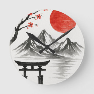 Japanese Red Sun Mountain Landscape Accent Mug Runde Wanduhr