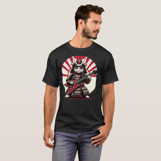 Japanese Samurai Cat Playing Electric Guitar Playe T-Shirt (Vorne ganz)