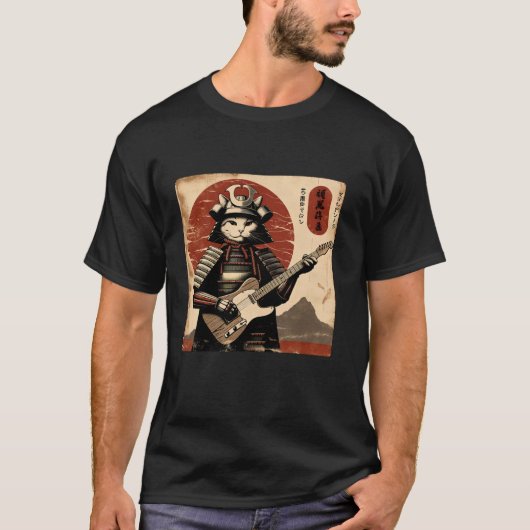 Japanese Samurai Cat Playing Electric Guitar Retro T-Shirt (Vorderseite)