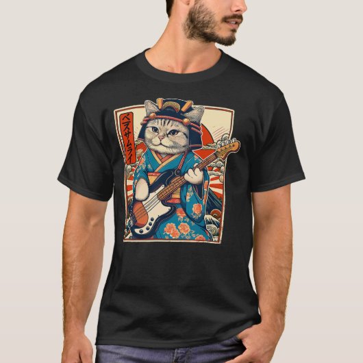 Japanese Samurai Cat Playing The Bass (2) T-Shirt (Vorderseite)