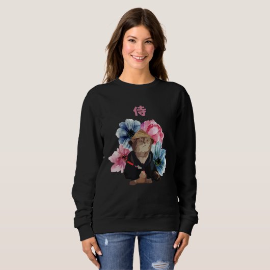 Japanese Samurai Cat Watercolor Flowers Sweatshirt (Vorne ganz)