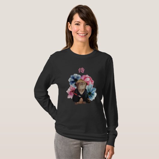 Japanese Samurai Cat Watercolor Flowers T-Shirt (Vorne ganz)