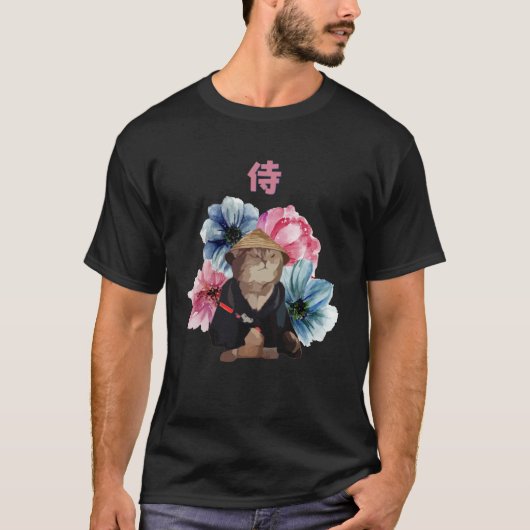 Japanese Samurai Cat Watercolor Flowers T-Shirt (Vorderseite)