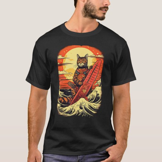 Japanese Samurai Cat with wave & mountain Illustra T-Shirt (Vorderseite)