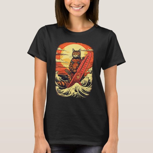 Japanese Samurai Cat with wave & mountain Illustra T-Shirt (Vorderseite)