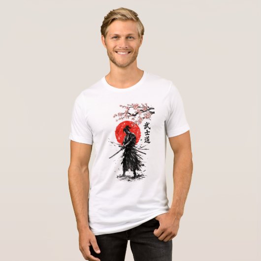 Japanese Samurai Cherry Blossom Sun Graphic Tee (Vorderseite voll)