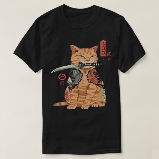 Japanese Samurai Ninja Cat Kawaii Tattoo Graphic T-Shirt (Design vorne)