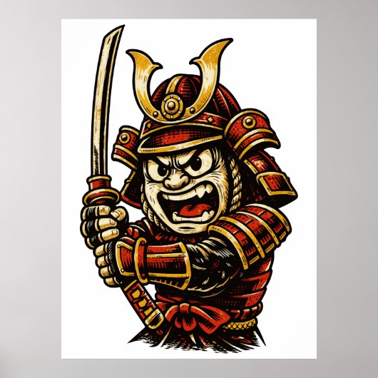 Japanese Samurai Warrior Red Armor Cartoon Art Poster (Vorne)