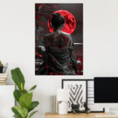 Japanese samurai woman with tattoo under full moon poster (Heimbüro)