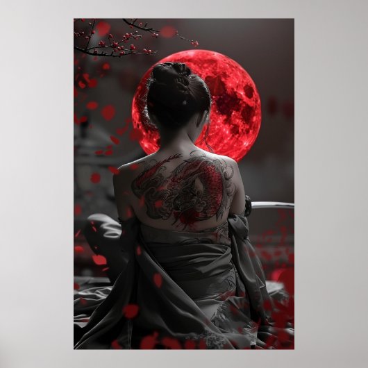 Japanese samurai woman with tattoo under full moon poster (Vorne)