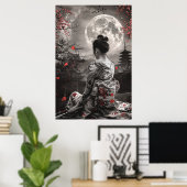 Japanese samurai woman with tattoo under full moon poster (Heimbüro)