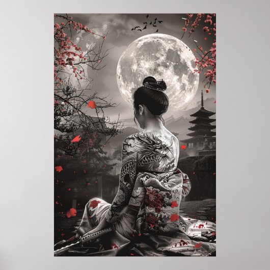 Japanese samurai woman with tattoo under full moon poster (Vorne)