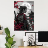 Japanese samurai woman with tattoo under full moon poster (Heimbüro)