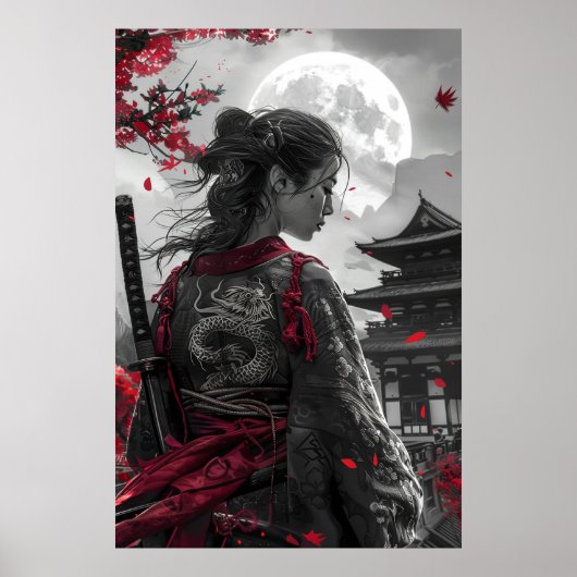 Japanese samurai woman with tattoo under full moon poster (Vorne)