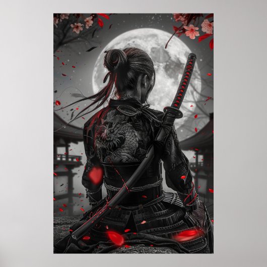 Japanese samurai woman with tattoo under full moon poster (Vorne)