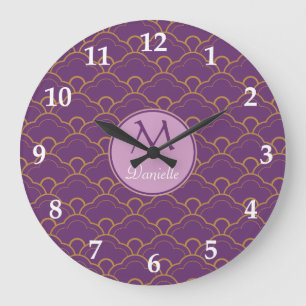 Japanese Seigaiha Scallop Purple Gold Pink Orient Große Wanduhr