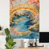 Japanese-style arched bridge spans a tranquil rive poster (Heimbüro)