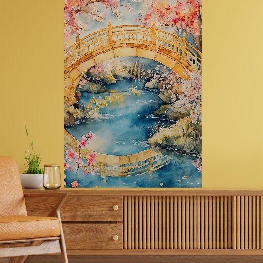Japanese-style arched bridge spans a tranquil rive poster (Wohnzimmer 2)