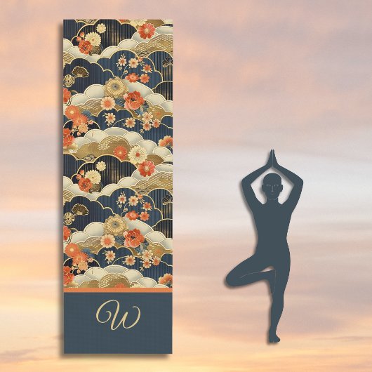 Japanese Style Retro Teal Floral and Clouds Print Yogamatte