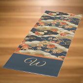 Japanese Style Retro Teal Floral and Clouds Print Yogamatte