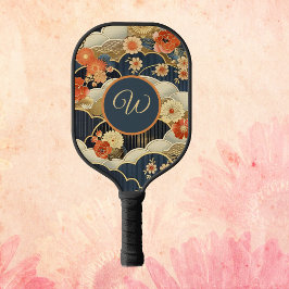 Japanese Style Retro Teal Floral n Clouds Initial Pickleball Schläger