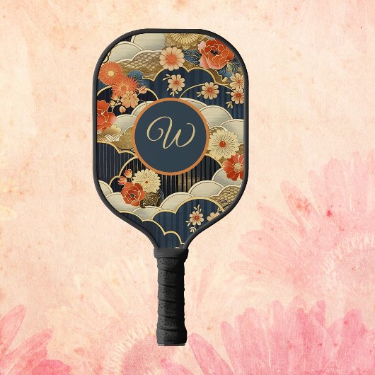 Japanese Style Retro Teal Floral n Clouds Initial Pickleball Schläger