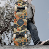 Japanese Style Retro Teal Floral n Clouds Initial Skateboard