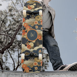 Japanese Style Retro Teal Floral n Clouds Initial Skateboard