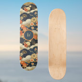 Japanese Style Retro Teal Floral n Clouds Initial Skateboard