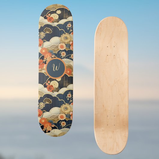 Japanese Style Retro Teal Floral n Clouds Initial Skateboard