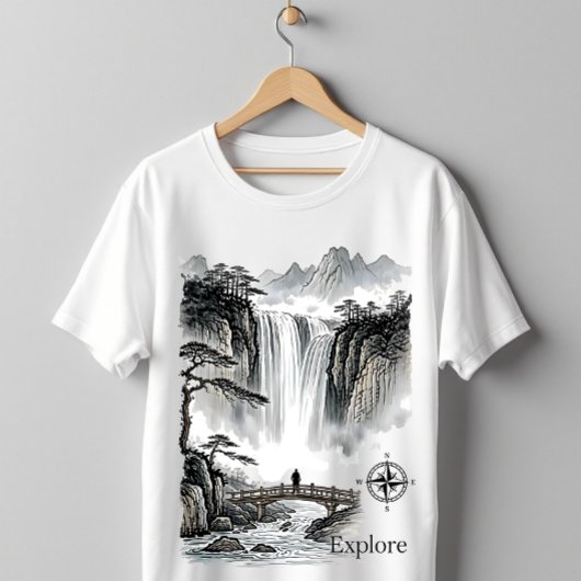 Japanese Sumi-e Waterfall Zen Explore Landscape T-Shirt