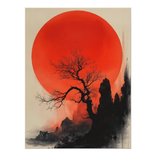 Japanese Sunrise | Zen Landscape with Red Sun Poster (Vorderseite)