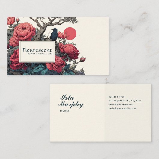 Japanese Ukiyo-e Style Red Peony Black Bird Visitenkarte (Vorne/Hinten)