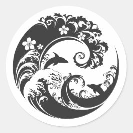 Japanese Wave & Hibiscus charcoal black Runder Aufkleber
