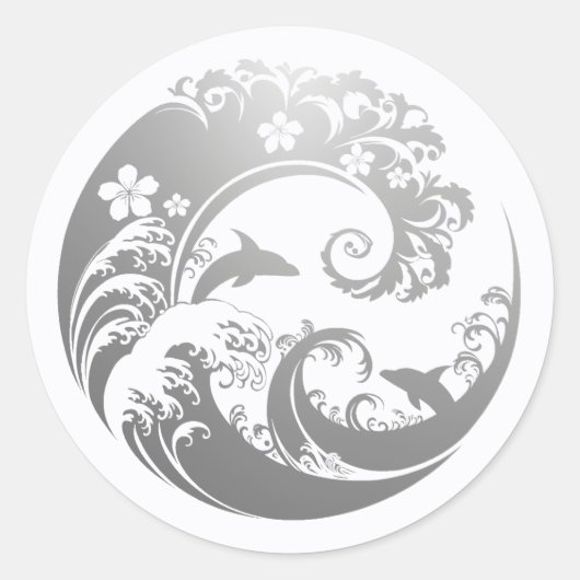 Japanese Wave & Hibiscus Silver Runder Aufkleber (Vorderseite)