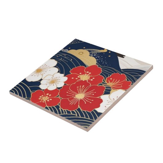 Japanese Waves and Blossoms Ceramic Tile - Piece 1 Fliese (Seite)