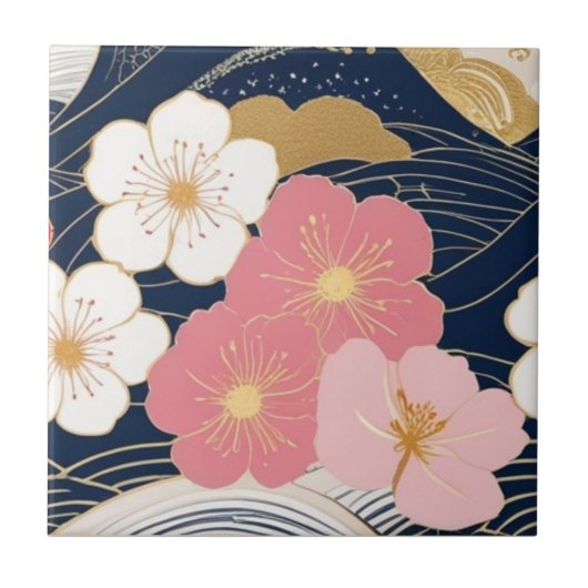 Japanese Waves and Blossoms Ceramic Tile - Piece 3 Fliese (Vorderseite)