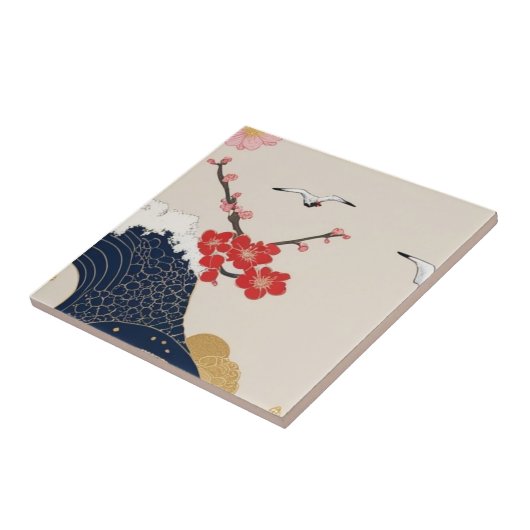 Japanese Waves and Blossoms Ceramic Tile - Piece 4 Fliese (Seite)