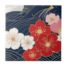 Japanese Waves and Blossoms Ceramic Tile - Piece 5 Fliese