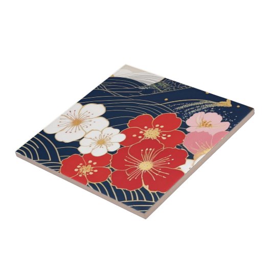Japanese Waves and Blossoms Ceramic Tile - Piece 5 Fliese (Seite)