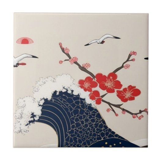 Japanese Waves and Blossoms Ceramic Tile - Piece 6 Fliese (Vorderseite)