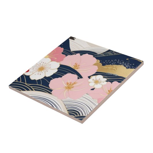 Japanese Waves and Blossoms Ceramic Tile - Piece 7 Fliese (Seite)