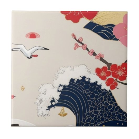 Japanese Waves and Blossoms Ceramic Tile - Piece 8 Fliese (Vorderseite)