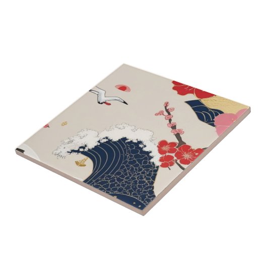 Japanese Waves and Blossoms Ceramic Tile - Piece 8 Fliese (Seite)