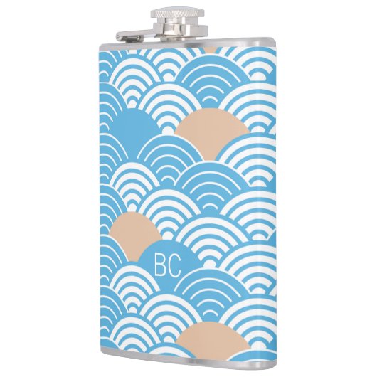 Japanese Waves Pattern Light Blue Beige Monograms Flachmann (Links)